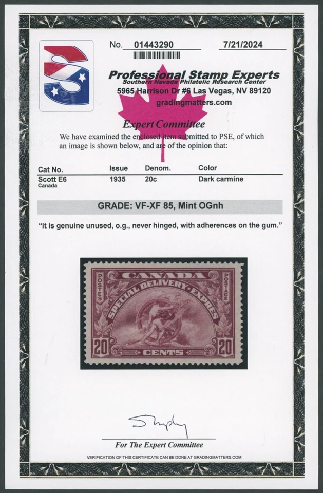 1935, CANADA, SPECIAL DELIVERY 20C CARMINE, NH, VF-XF85, PSE CERT, UN.#E6 - Image 2 of 2