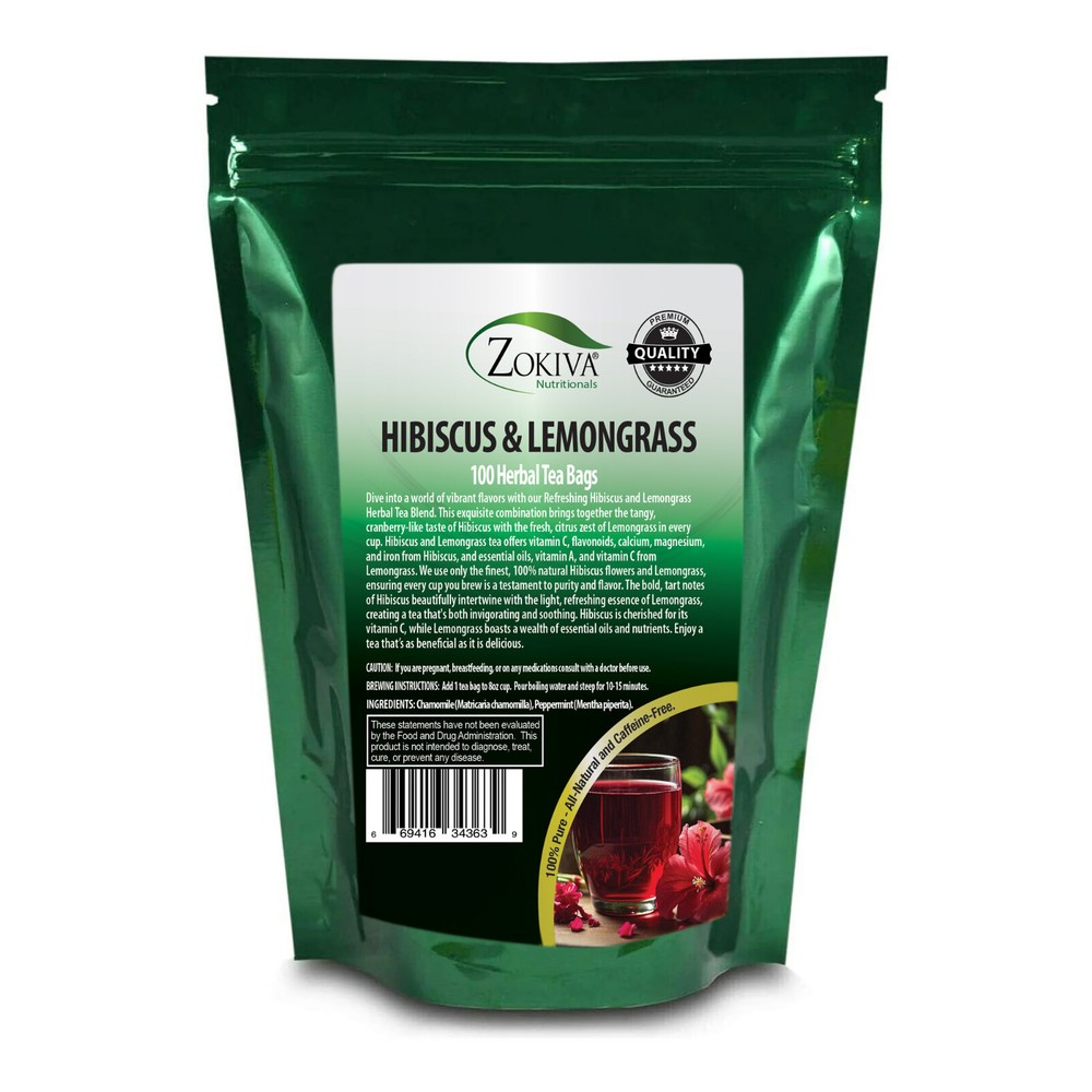 Hibiscus & Lemongrass Tea Bags Mega-Pack (100 Bags) Vibrant & Citrusy by Zokiva