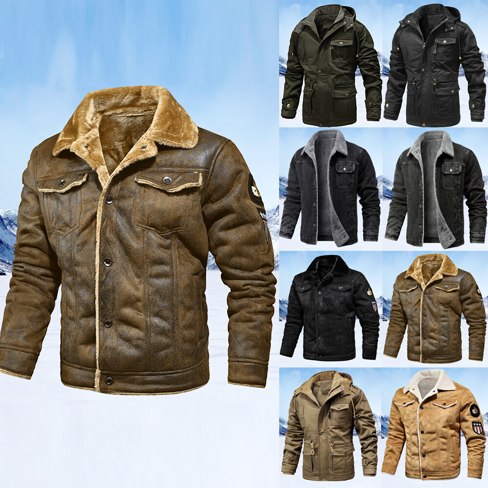 Mens Fleece Lined Jacket Coat Winter Thermal Warm Collar Hooded Thick