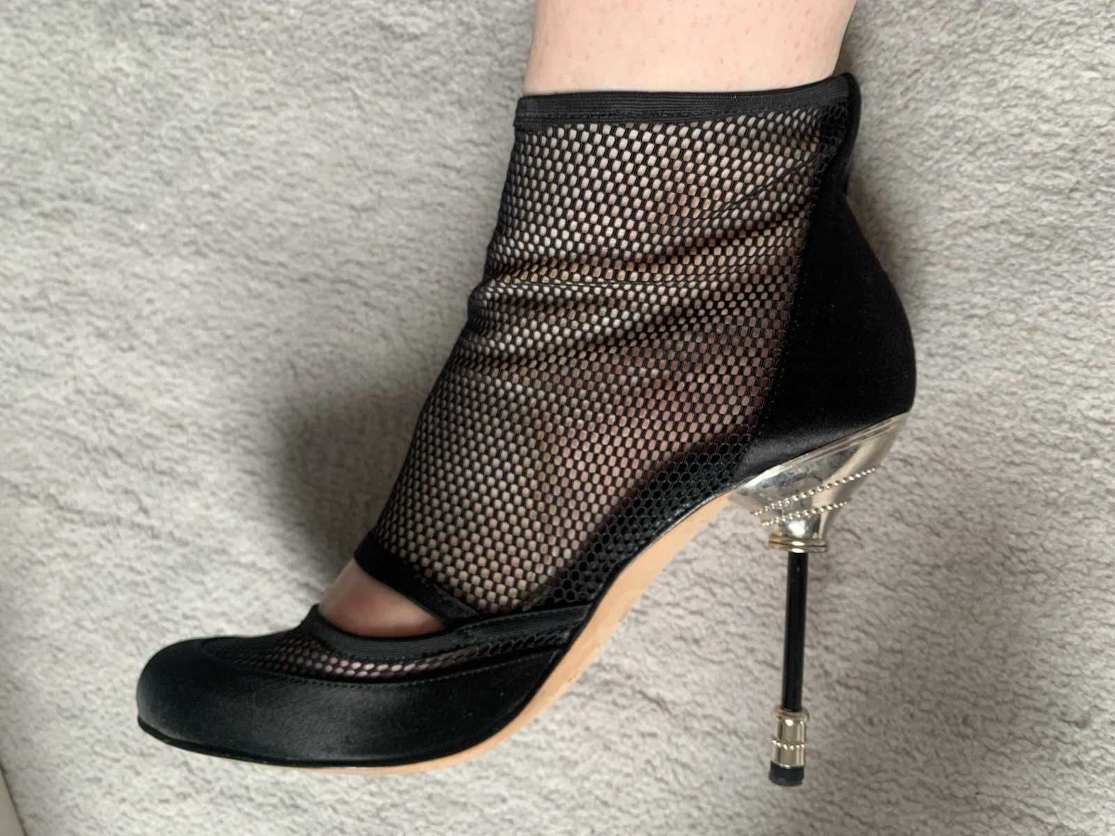 Authentique Dior tissu maille noir cuir avec étonnantes chaussures talon argenté 38 5