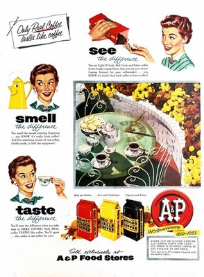 1953 A&P COFFEE Genuine Vintage Print Ad Eight O'Clock Grocery Store Supermarket