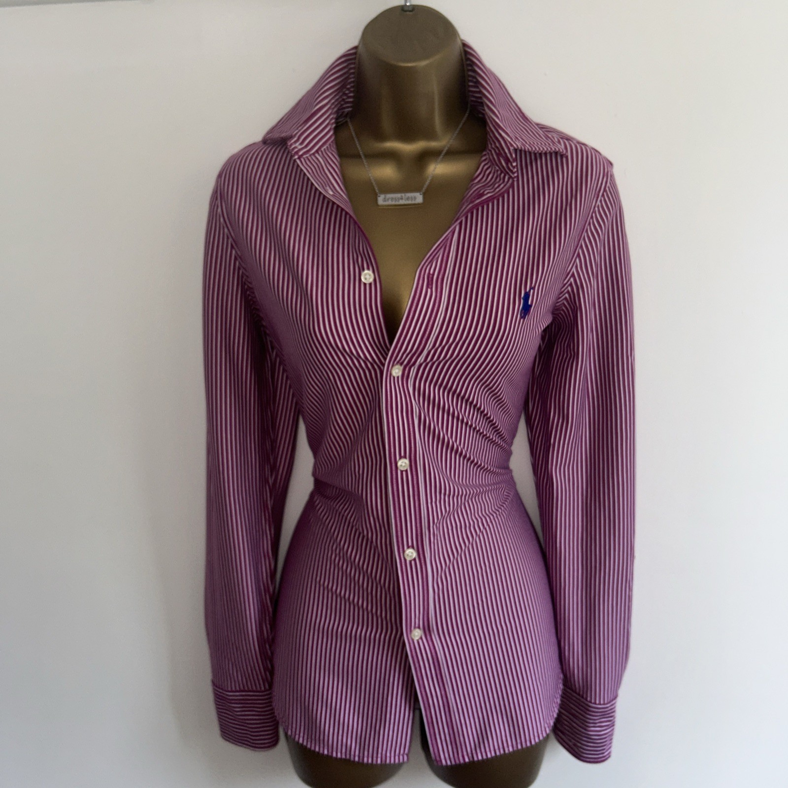 Ralph Lauren Pink White Striped Knit Dress Shirt Blouse UK 10