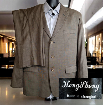 Hong Sheng 2 Piece Suit Mens 44R 38X30 Olive Brown 3 Button Single Vented