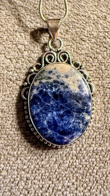 Silver Plated 925 Blue And White Sodalite Pendant w Silver Tone Chain
