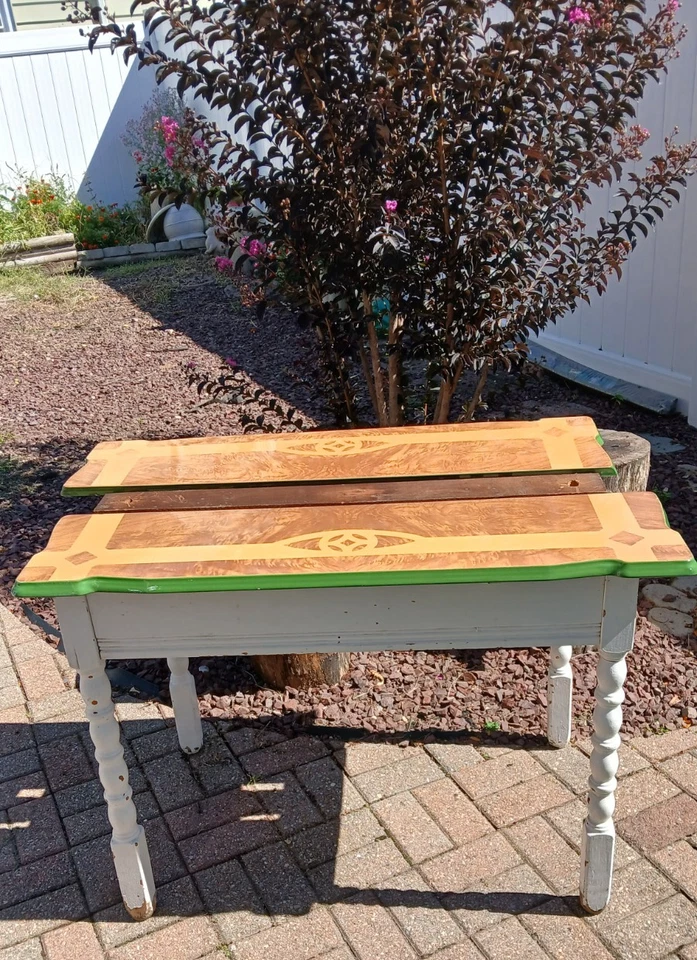 "Mesa Benjamin Crysteel esmaltada años 1900 40"" nido guardado tapa de 2 hojas con cajón" Foto 2 de 4