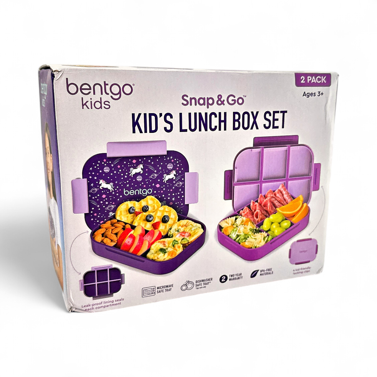 Bentgo Kids Snap & Go Leak-Proof Lunch Box Purple + Unicorn 2-Pack