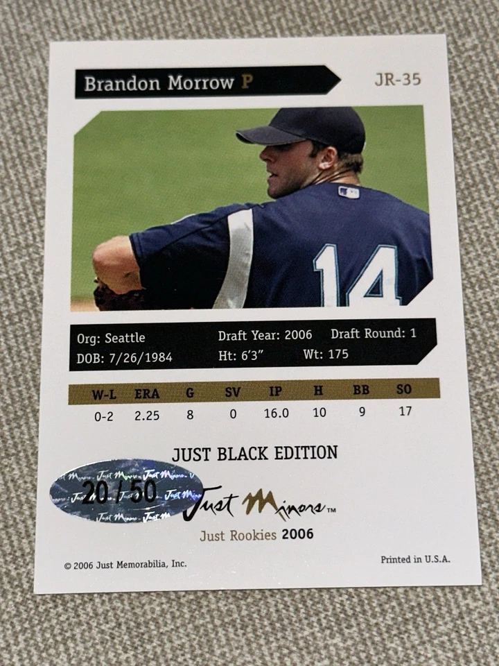 BRANDON MORROW 2006 Just Minors #JR-35 JUST BLACK EDITION #20/50 MARINERS - Image 2 of 2
