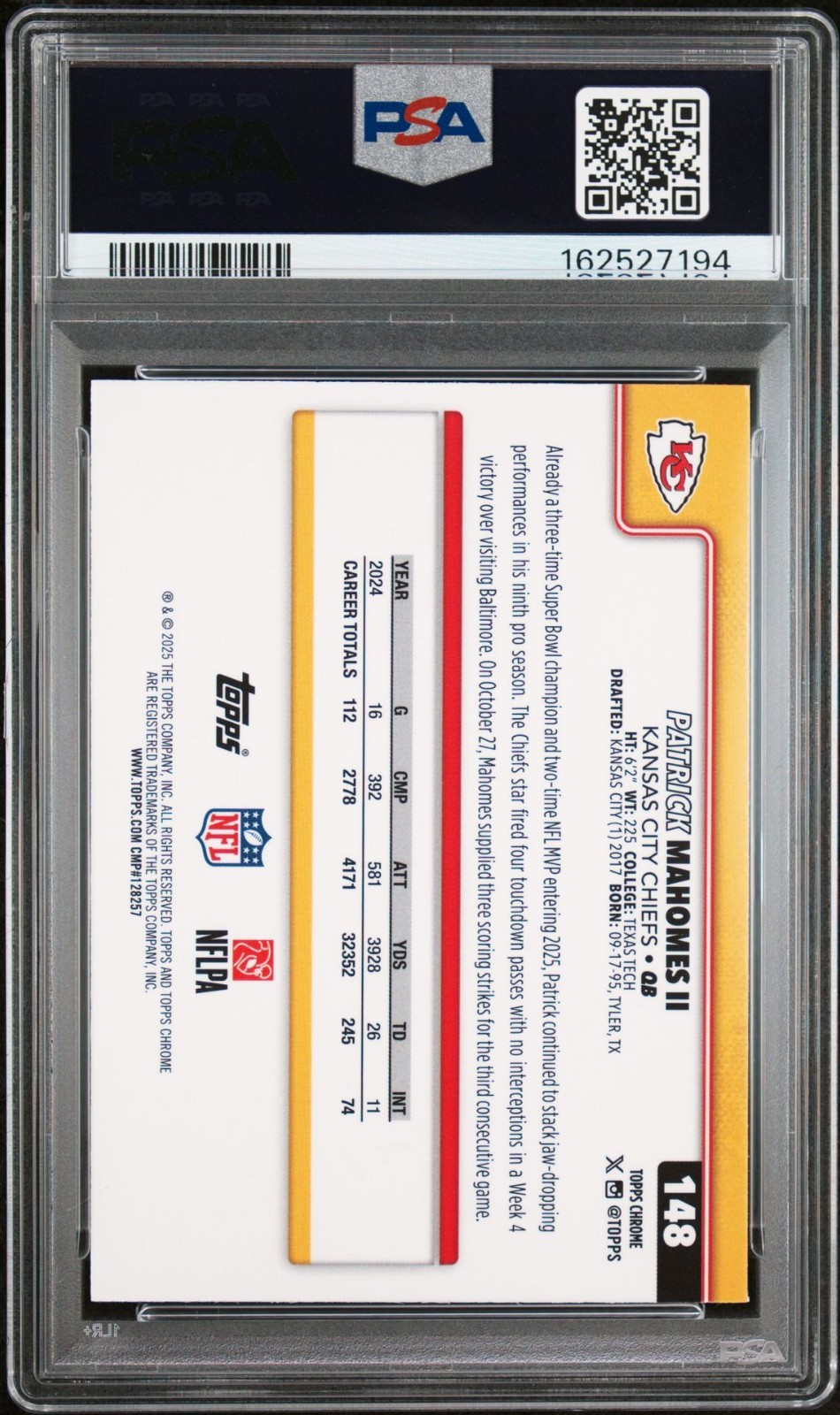 2025 Topps Chrome Patrick Mahomes II Blue Wave Refractor /150 Chiefs PSA 10 view 2
