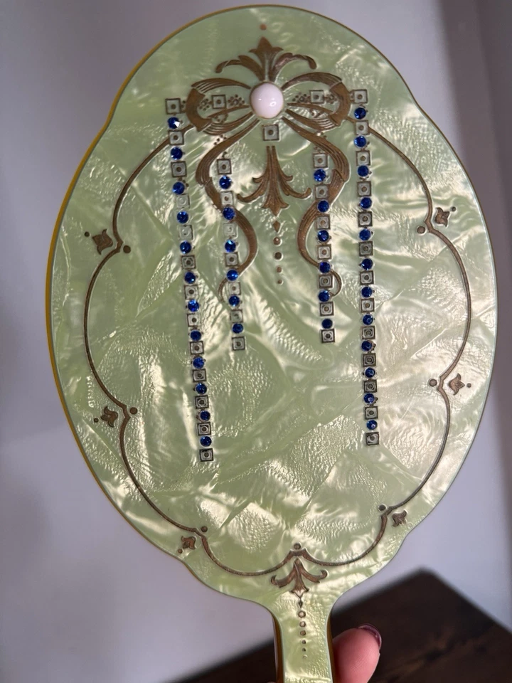 Vintage Art Deco Bakelite Celluloid Green Jade Marble Hand Held Mirror Jewels - Image 3 of 4