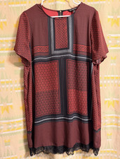 Express L Red Black Geometric Shift Dress Short Sleeve Lace Hem Back Zip