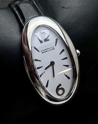 CHARLES WINSTON Curvex Women s 42mm Quartz Watch Oval Steel White Black Leather