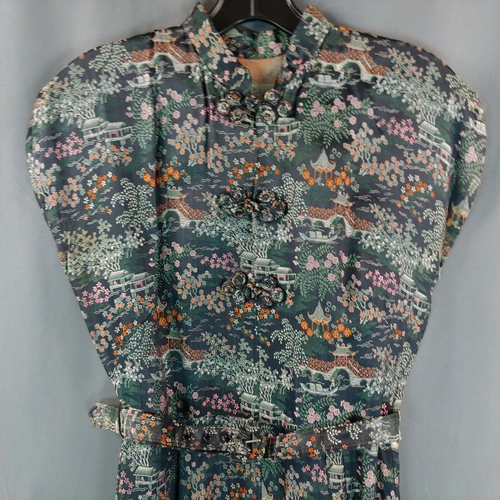 Vtg 1940s Asian Cheongsam Silk Dress 34 - 28 - 41 Cherry Blossom Pagoda