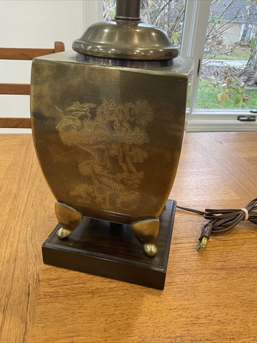 Vtg Asian Mid Century Lamp Brass Tiger Crane Duck Etched 60s MCM Hong Kong - Picture 5 of 9