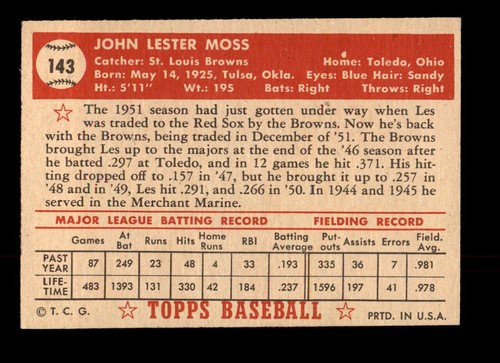 1952 Topps #143 Les Moss NM - Picture 2 of 2