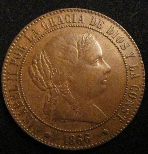 SPAGNA, 708-ISABEL II, 5 CÉNTIMOS ESCUDO 1866, BARCELLONA SENZA OM, UNC-. - Foto 1 di 2