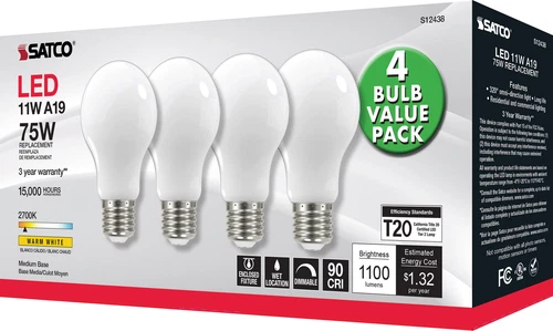 4 Pack LED Solid White Filament Bulbs 120V 11W =75W A19 Medium E26 2700K Warm - Picture 5 of 9