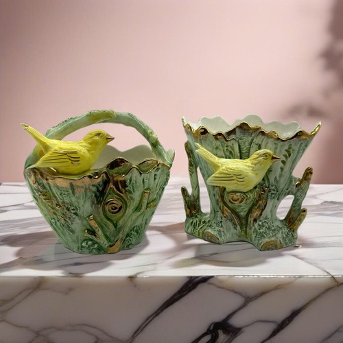 Vintage UCAGCO China Planter Set Yellow Bird Vase Pair Japan 1950s Cottage Core - Picture 8 of 14
