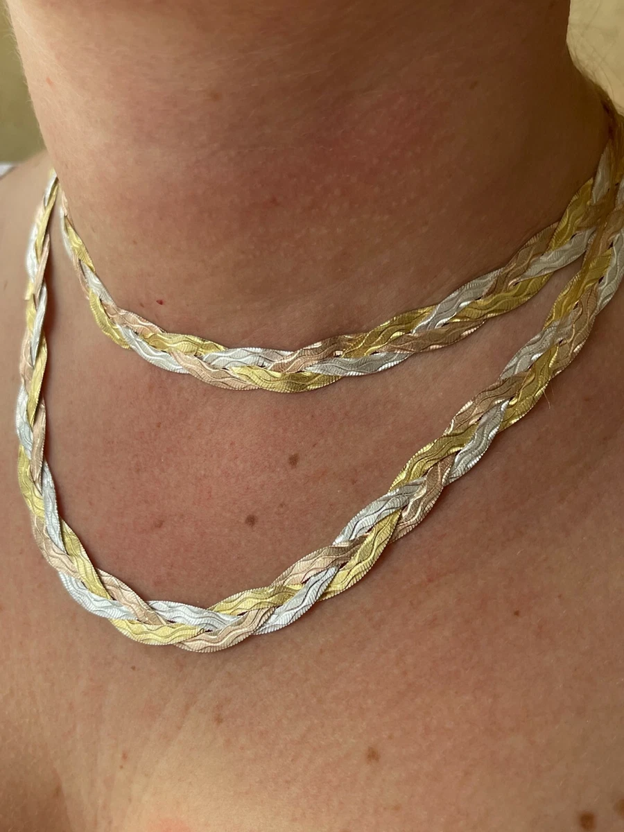 925 Silver Tri Color Yellow Rose Gold Plated Braided Herringbone Necklace  10mm