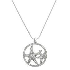 Starfish Necklace Open Circle Double Starfish Rhinestone Crystal SILVER Jewelry