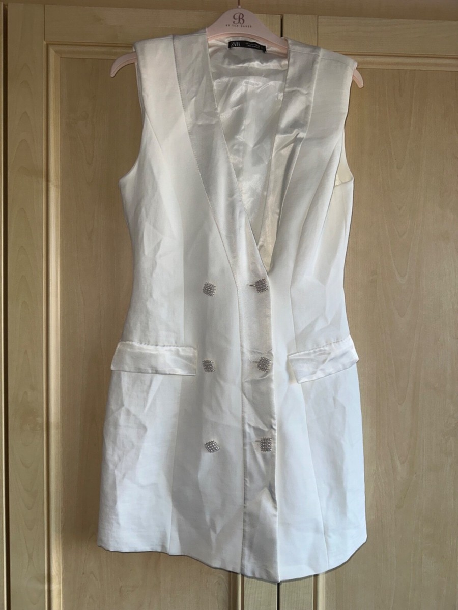 ZARA WHITE PEARL BUTTON SLEEVELESS LONG JACKET BLAZER DRESS SIZE SMALL S