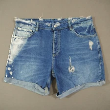 Reclaimed Vintage Shorts Womens 38 Blue Distressed Denim Roll Up Mid Rise Button