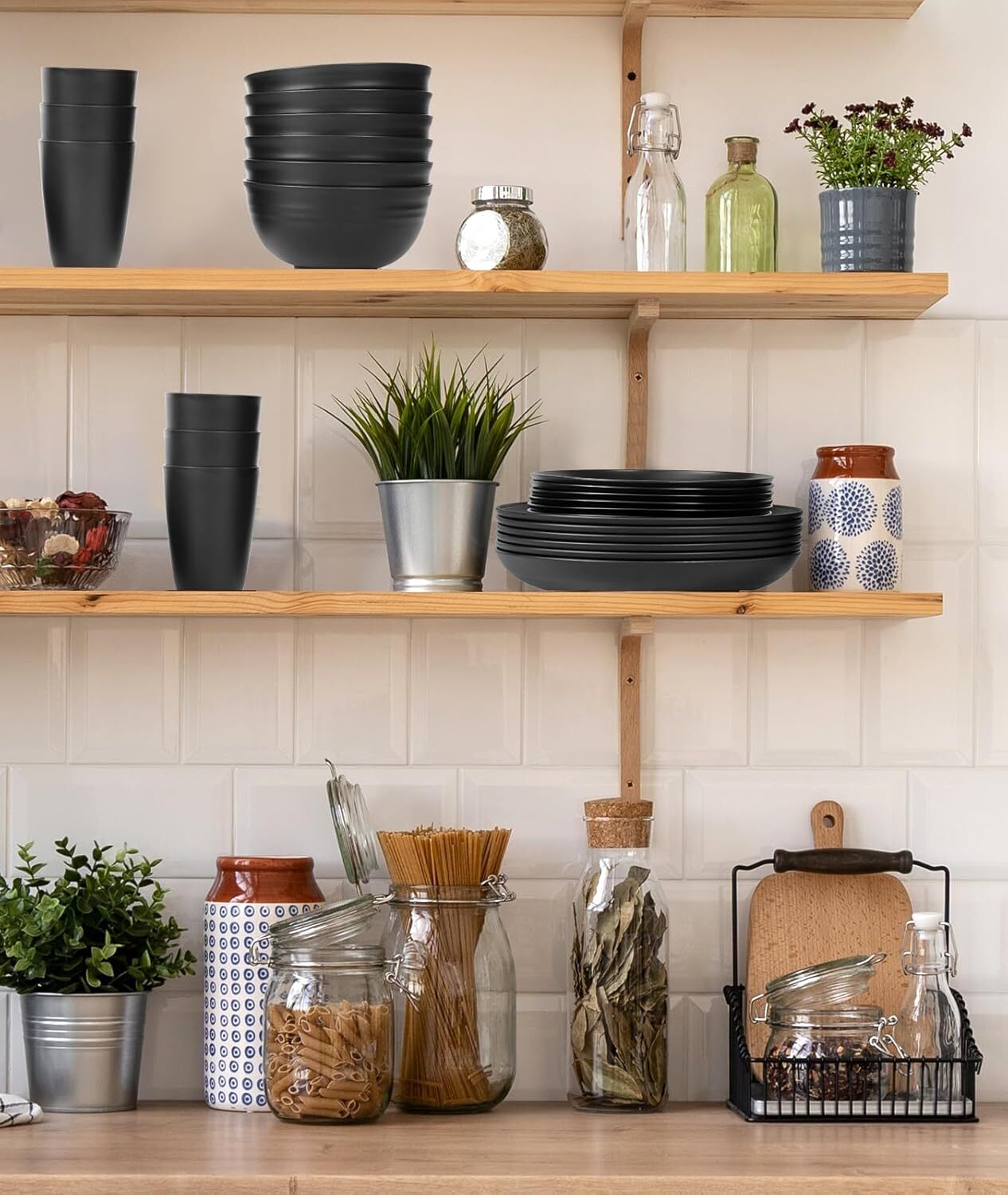 Black 24 Pcs Plates and Bowls, Wheat Straw Dinnerware Sets, Plastic Dish Set