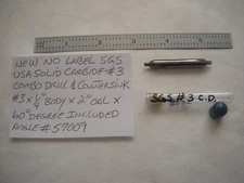 NEW SGS USA #3 X 2" OAL X 60 DEGREE SOLID CARBIDE DRILL & COUNTERSINK #57009 