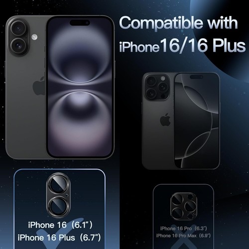 Fits Apple iPhone 16 / 16 Plus Camera Lens Rear Glass Metal Protector Black - Picture 9 of 10