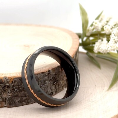 Modern 8MM Black Tungsten Ring   High Polish with Rose Gold Twisted Rope Design