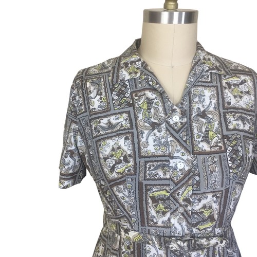 Vintage 1950s Plus Size Chartreuse Gray White Novelty Print Cotton Day Dress - Picture 3 of 6
