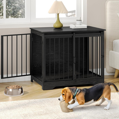 31.9'' Dog Crate Furniture with Barn Door, Heavy Duty Dog Kennel Indoor with 2 Do
