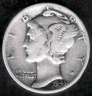 1943 War Time Mercury Silver Dime F-VF, KM 140, Nice Natural Toning !