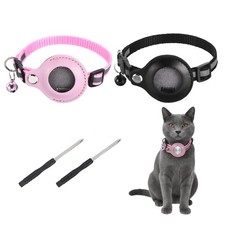 2Pcs 8.7"-13.4" Cat Tracker Collar with Leather Tracker Holder Black/Pink