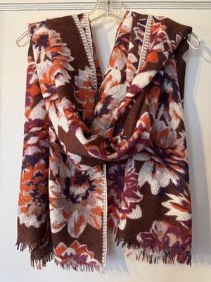 EPICE Paris long wool scarf 74x31 large floral blooms orange magenta brown white