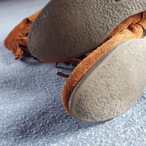 Minnetonka Fransen Mokassin Stiefel braun Leder Wildleder zum Überziehen Größe 7 flach - Bild 7 von 14