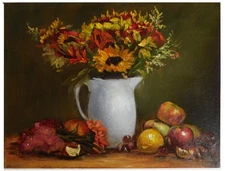 Vintage Original Oil Painting Realism Still Life Flower in White Picher w Fruits