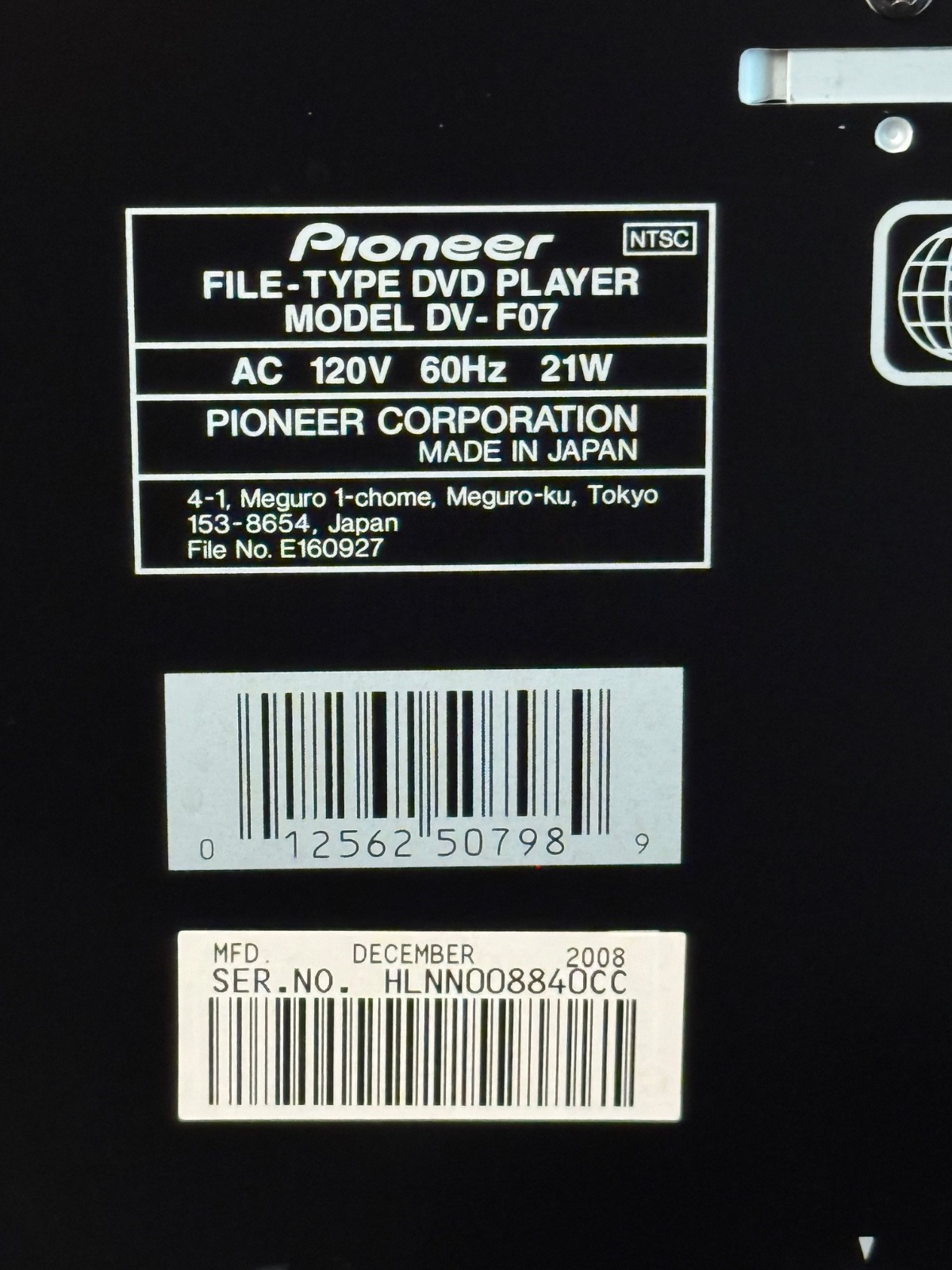 Pioneer DV-F07 DVD Player