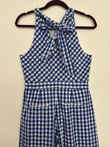J Crew Women's Gingharn Jumpsuit Halter Neckline Size 6 Color Blue/White Square - Picture 14 of 15