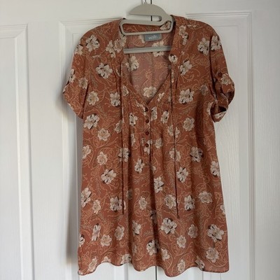Wallis Floral Tunic Blouse Top Rust Orange Size 10 Short Sleeve V-Neck