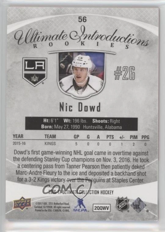 2016-17 Ultimate Collection Introductions Royal Red /6 Nic Dowd #56 Rookie RC - Image 2 of 2