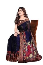 Blue Chiffon Printed Saree with Blouse Piece Indian Pakistani Designer Sari
