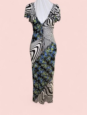 Roberto Cavalli Freedom Blue Floral Zebra Print Tie Front Midi Dress S