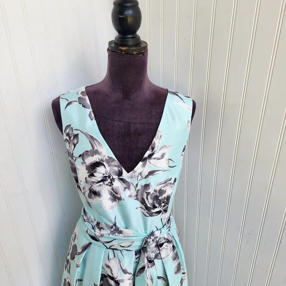 Vestido JESSICA HOWARD Formal Azul Negro Flores Corbata Cinturón Satinado Sin Mangas Talla 12 Foto 2 de 4