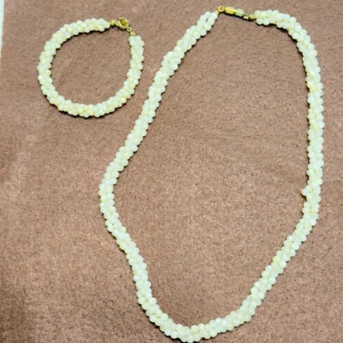 VTG Woven Mother of Pearl Bead Collar Necklace Rope Choker Bracelet Jewelry Set - Picture 2 of 13