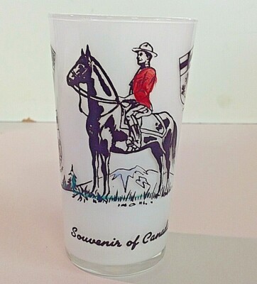 Vintage Souvenir of Canada Opaque Frosted Glass Mounty RCMP Province Emblems CAN
