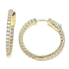 14K GOLD PLATED ENDLESS HOOP EARRINGS 2.2 X 30 MM WITH WHITE CZ ALL ROUND M738