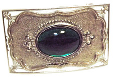 VTG Rectagle Shape Belt Buckle Green Stone Silver Tone Western Style 3.75"X2.25"