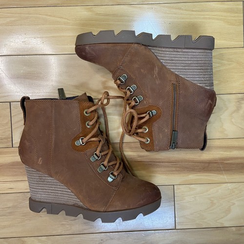 Sorel Joan Uptown Wedge Boots Women 8 Camel Brown Leather Ankle Bootie Lace Up - Picture 3 of 11