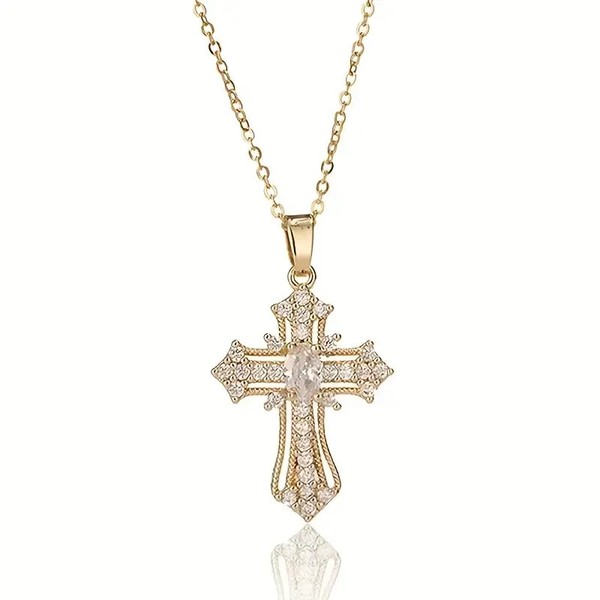 Alternate view of Women Luxury 14k Gold Plated Rhinestone Crystal Cross Pendant Necklace Charm New