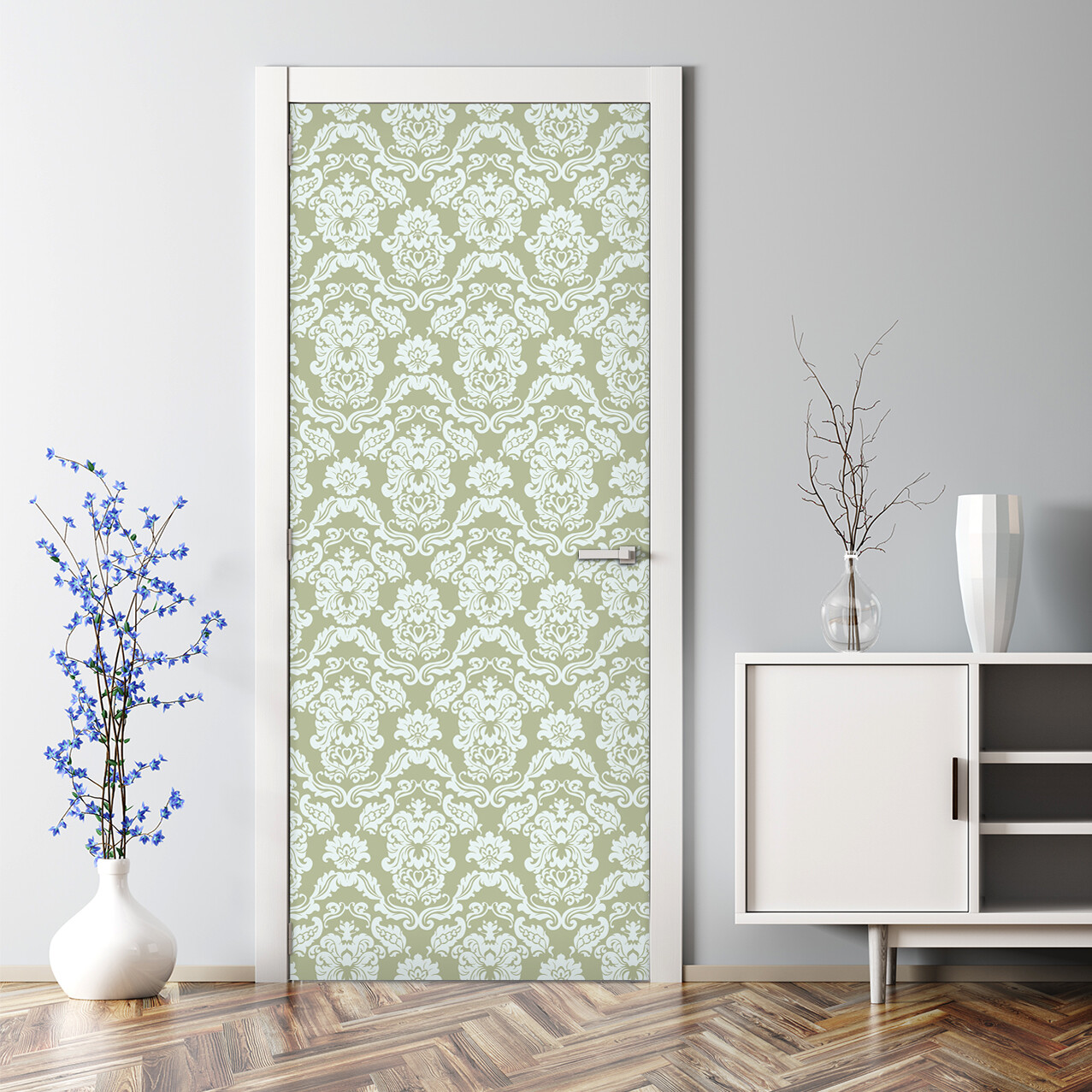 Floral ornament lilies self-adhesive green and white Door Decal photo mural